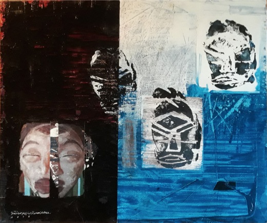 Femme et masques acryl collage sur bois 2016